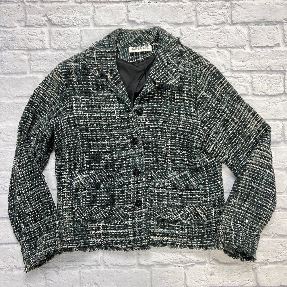 Vintage Anage Tweed Blazer Size L Black Gray Sequin Beaded Raw Hem